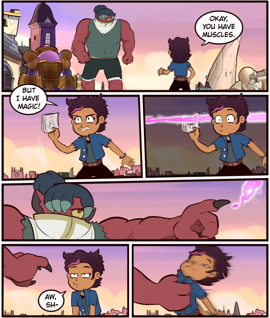 A comic strip shows a small character facing a giant muscular opponent. The small character boasts about having magic, casts…