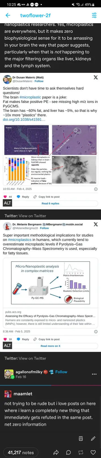 A screenshot of a Tumblr post showing two Twitter threads about microplastics research. The first thread by Dr. Dusan…