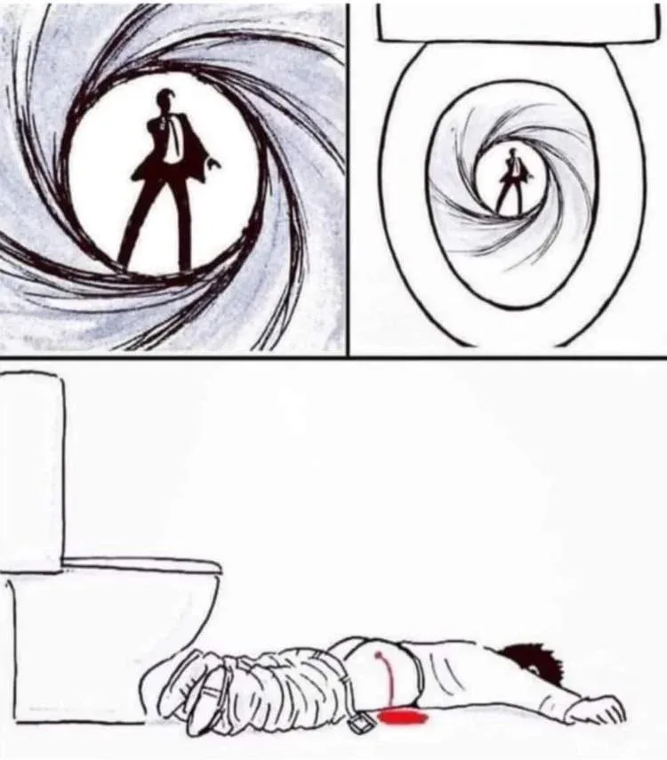 The image is a three-panel comic. Top left shows a man in a suit standing in a gun barrel, styled like a James Bond opening…