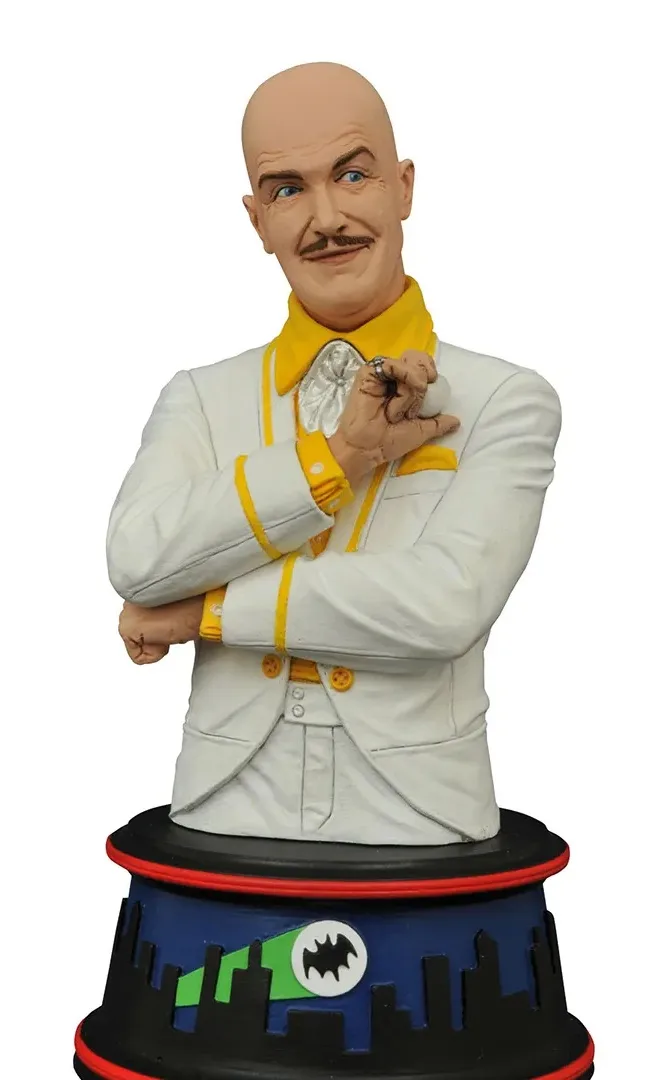 A detailed bust of the animated character Mr. Freeze, bald with a mustache, wearing a white suit with yellow trim and a…
