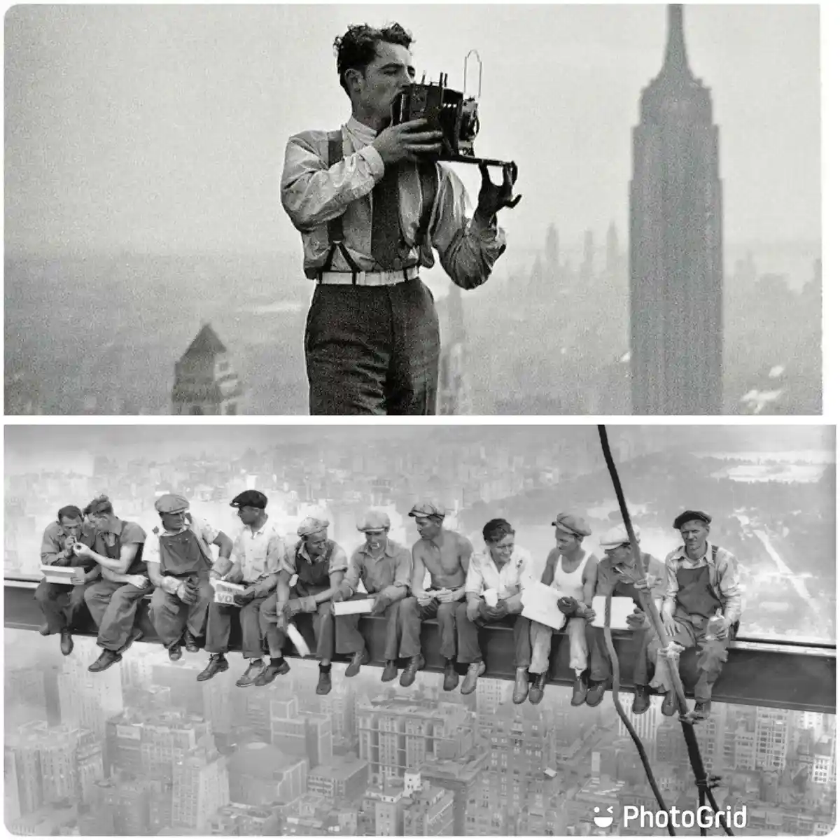 The image is a two-panel black-and-white photo collage. The top panel shows a man standing on a skyscraper beam, holding a…