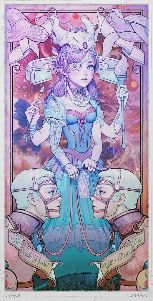 A stylized illustration depicts a central female figure with purple hair, a skull headdress, and an eyepatch, holding a…