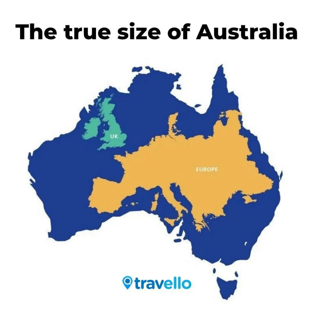 A map of Australia is shown with Europe and the UK overlaid inside its borders to visually demonstrate its vast size. The UK…