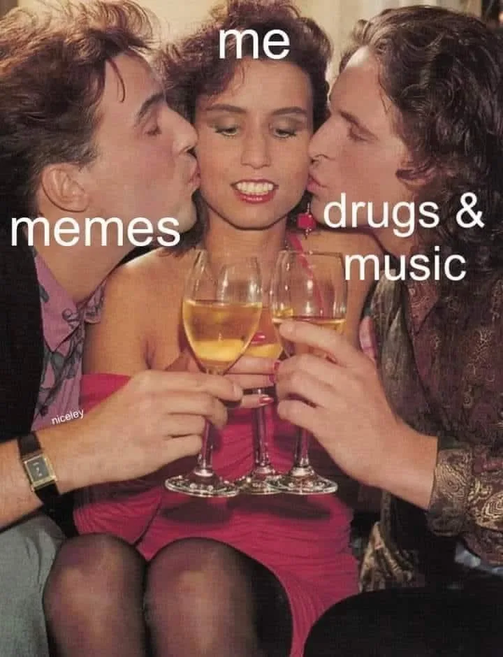 A vintage photo shows a woman in a pink dress holding two champagne glasses, kissed on both cheeks by two men. White text…