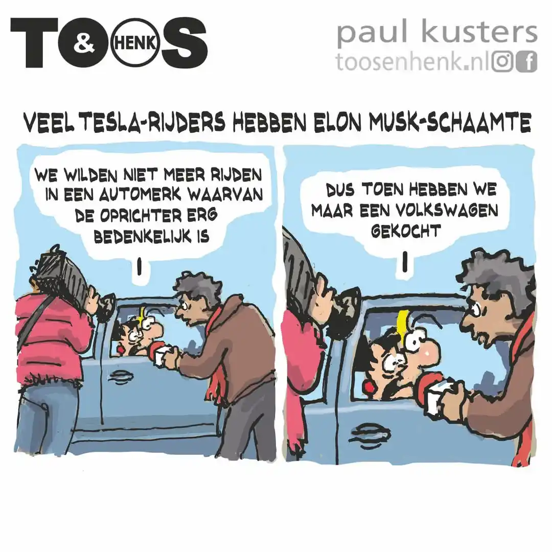 A two-panel comic strip by Toos & Henk shows two people buying a car from a child in the driver's seat. In the first panel…