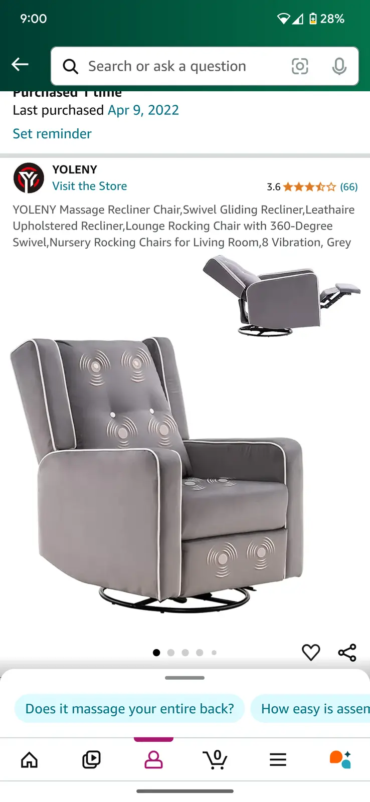 A screenshot of a product page for a grey YOLENY massage recliner chair, showing its design with circular massage pattern…