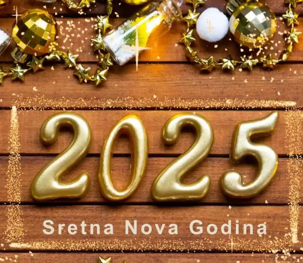 A festive image displays large, shiny gold numbers '2025' on a wooden surface, surrounded by holiday decorations like golden…