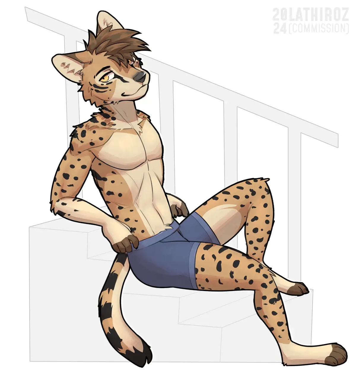 A muscular anthropomorphic cheetah with spotted fur sits confidently on a minimalist white staircase, wearing only blue…