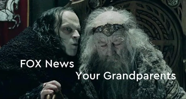 A still from 'The Lord of the Rings' shows a pale, wide-eyed character whispering into the ear of a bearded, elderly dwarf…