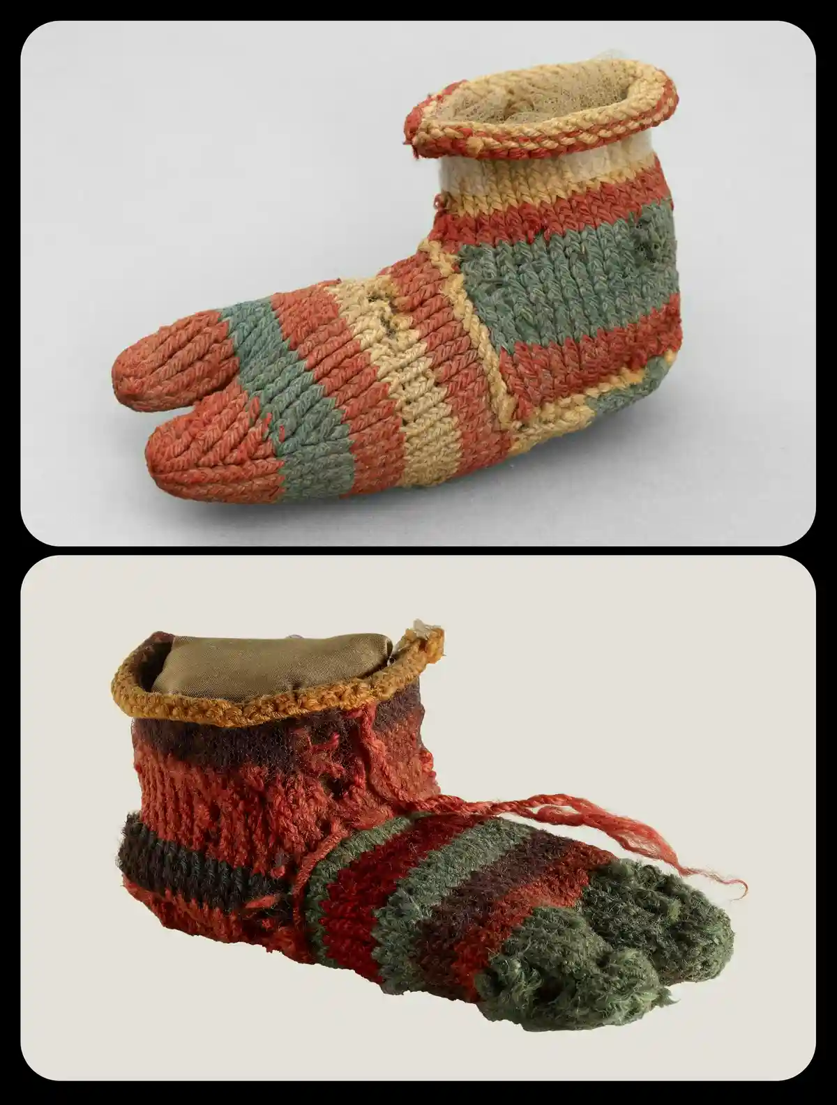 The image displays two photos of traditional Japanese tabi socks. The top photo shows a well-preserved, colorful tabi sock…