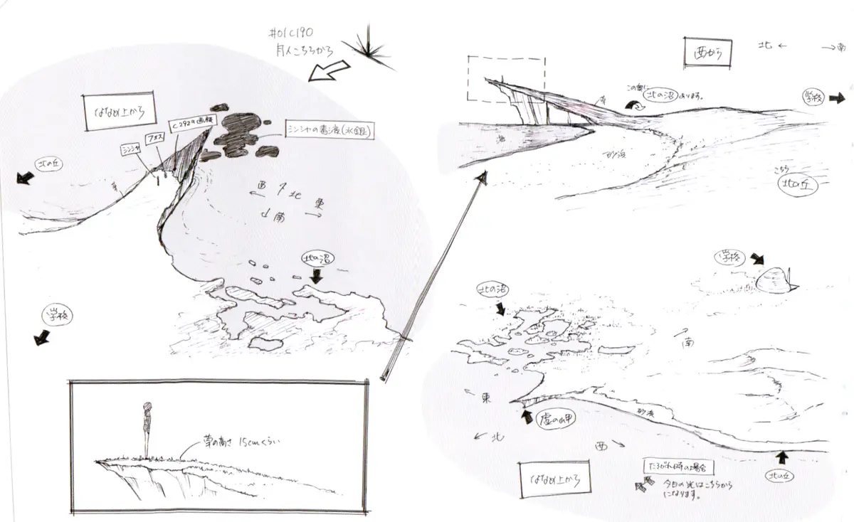A hand-drawn, black-and-white concept map with multiple sketches showing a coastal area, cliffs, and directional arrows…
