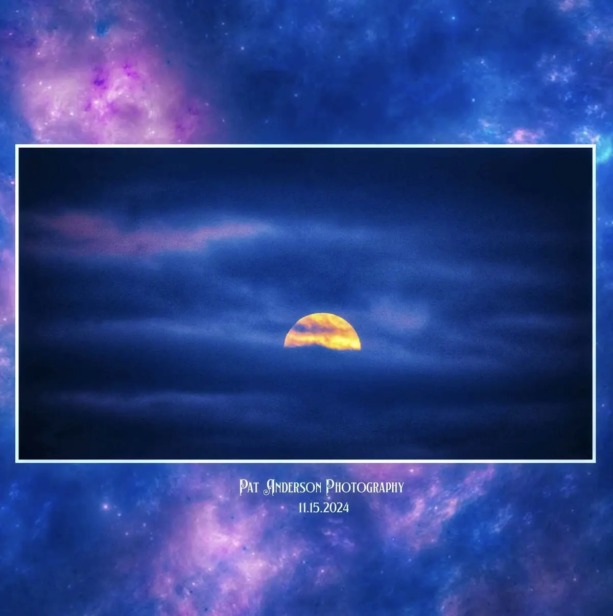 A framed photograph of a glowing orange half-moon peeking through dark blue clouds is centered on a vibrant cosmic…