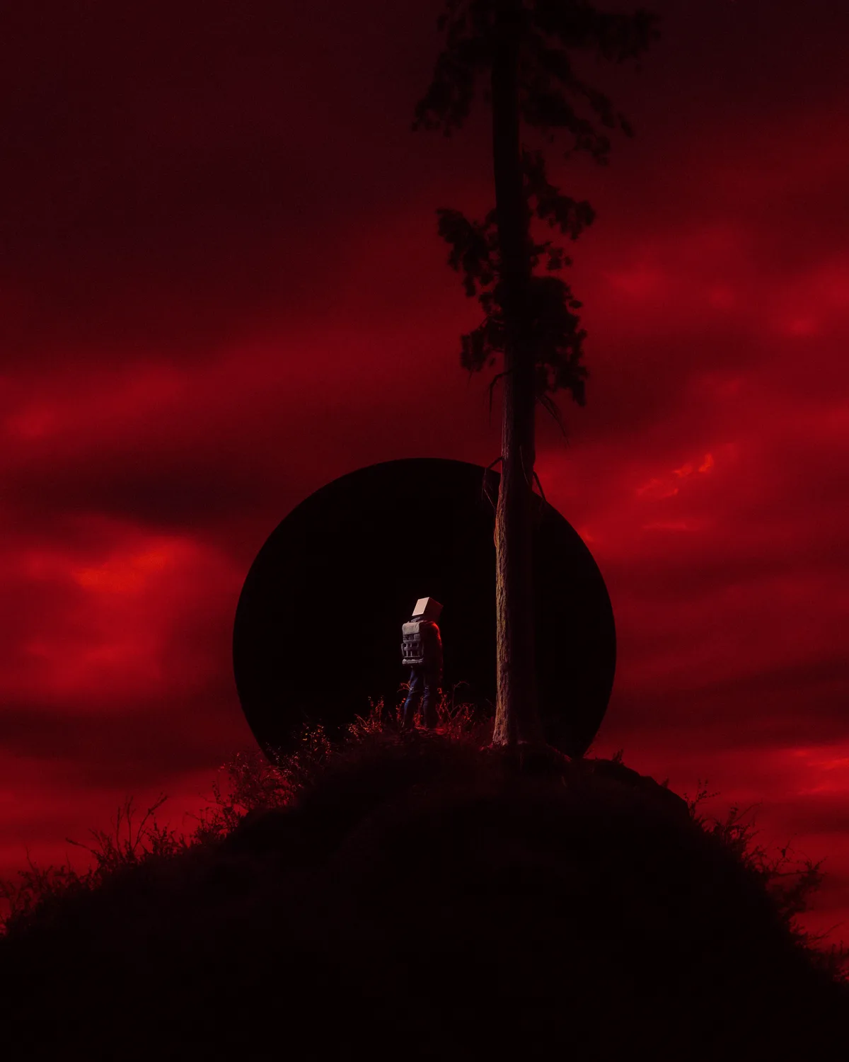A person with a box for a head stands on a hill under a red sky, next to a tall tree, facing a large black circular portal…
