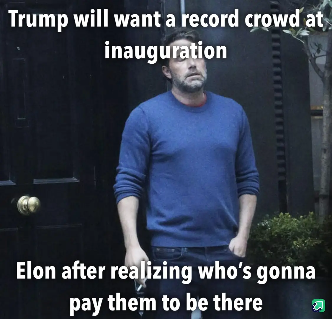 A man in a blue sweater stands in front of a dark door with a weary, resigned expression. White text at the top reads 'Trump…