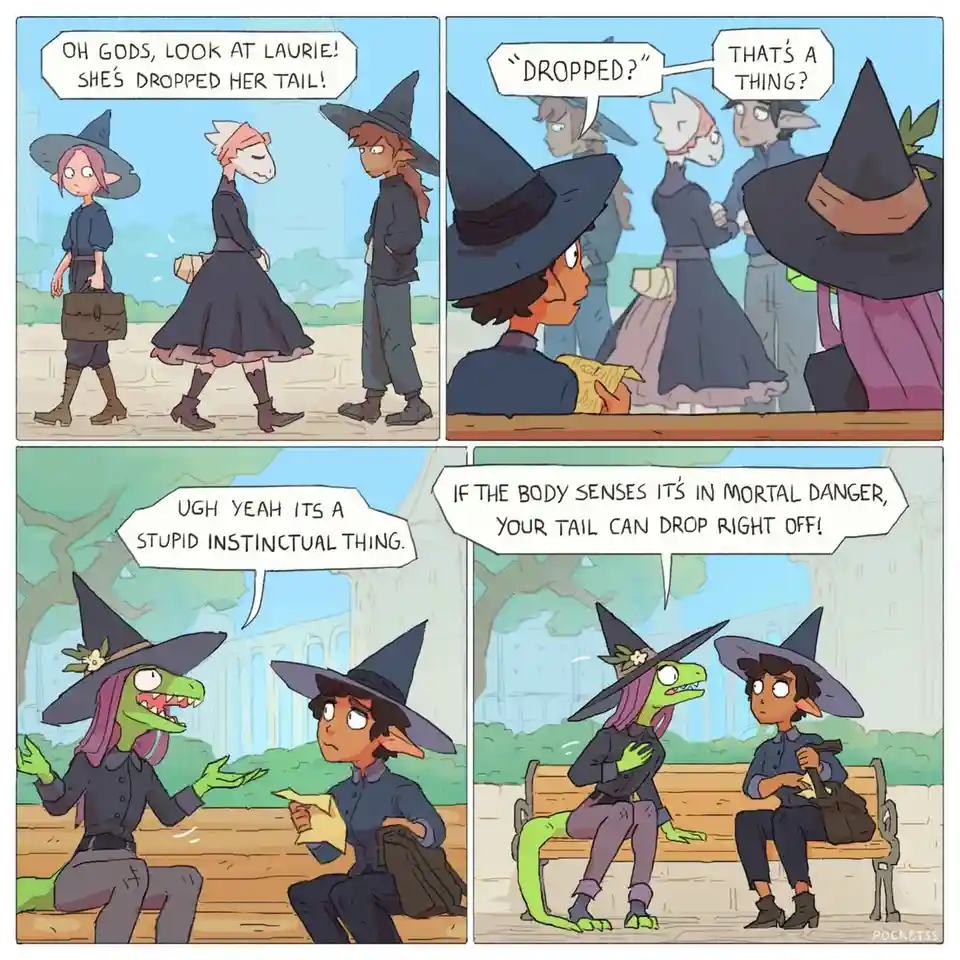 A four-panel comic strip featuring anthropomorphic witch characters. In the first panel, a character exclaims that Laurie…