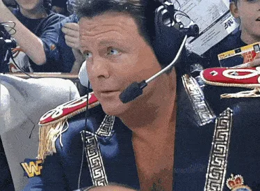 A six-panel sequence shows a man in a blue jacket with red and gold trim and a headset, transitioning from a neutral…