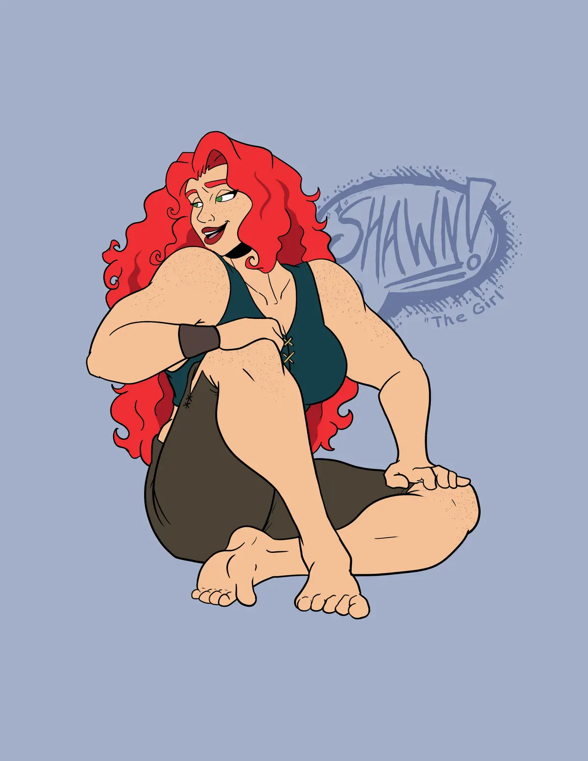 A cartoon illustration of a muscular woman with long red hair, wearing a dark green top and brown shorts, sitting…