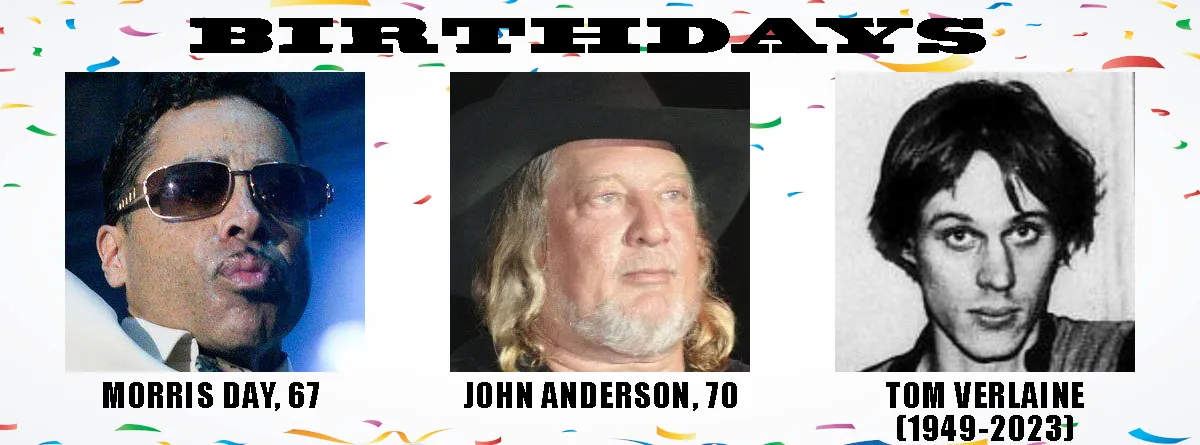 A birthday meme template with confetti background and three photos: Morris Day (67) wearing sunglasses, John Anderson (70)…