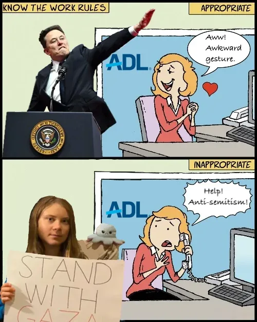 The meme is split into two panels. Top panel: Elon Musk gestures at a podium with the U.S. presidential seal, labeled 'KNOW…