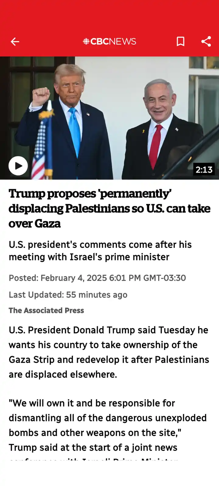 A screenshot of a CBC News article shows Donald Trump and Benjamin Netanyahu standing side by side, with Trump raising his…