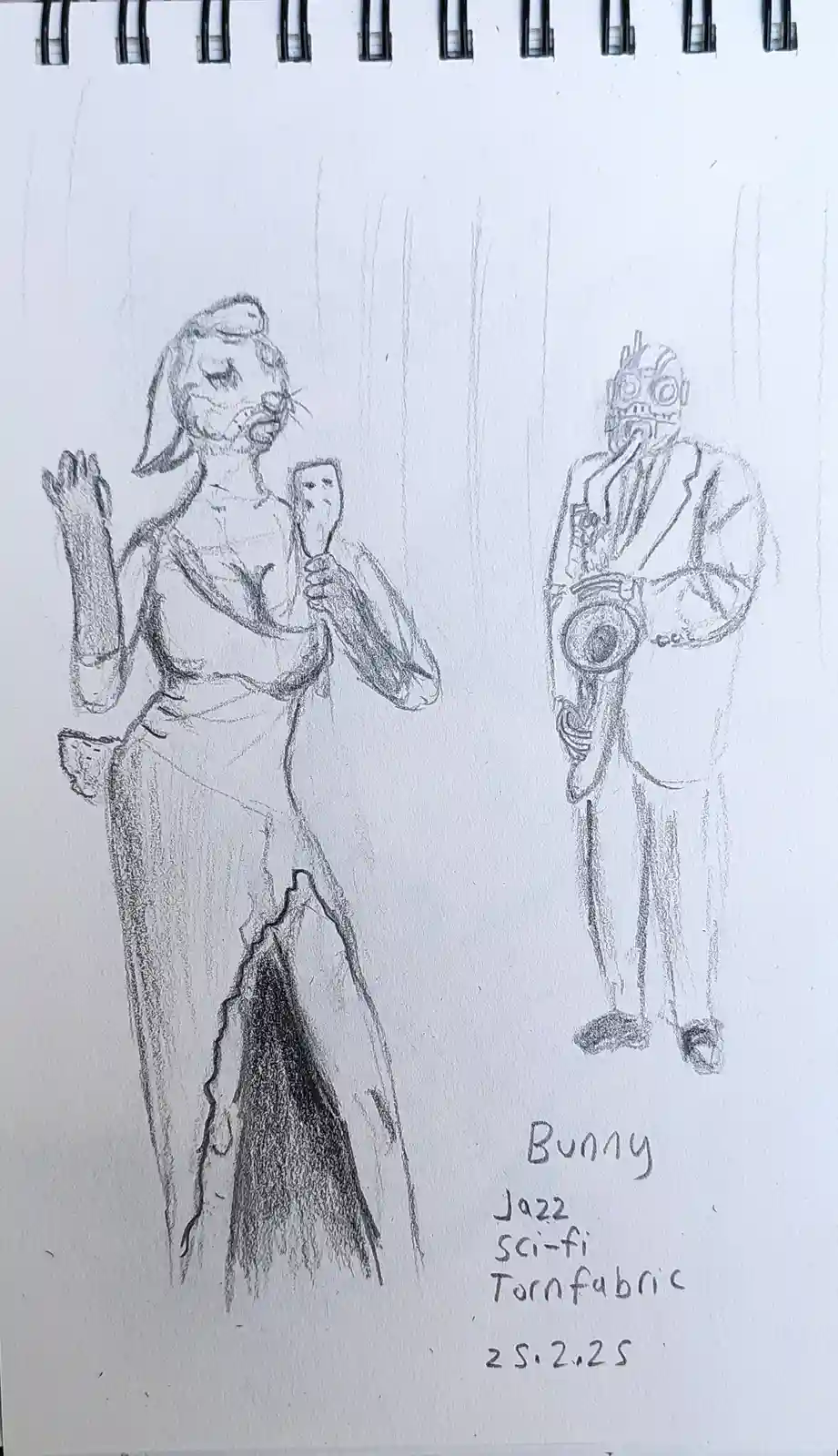 A pencil sketch on spiral-bound paper shows two figures: a woman with bunny-like features singing into a microphone, and a…