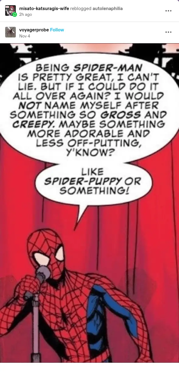 A comic panel shows Spider-Man standing at a microphone on a red stage, speaking in a large speech bubble. He expresses that…