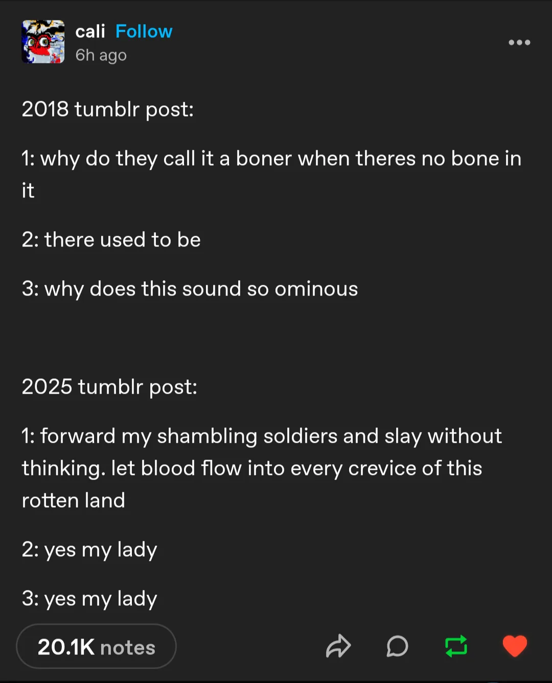 A screenshot of a Tumblr post comparing two lists: the first from 2018 asking absurd questions about the word 'boner,' and…