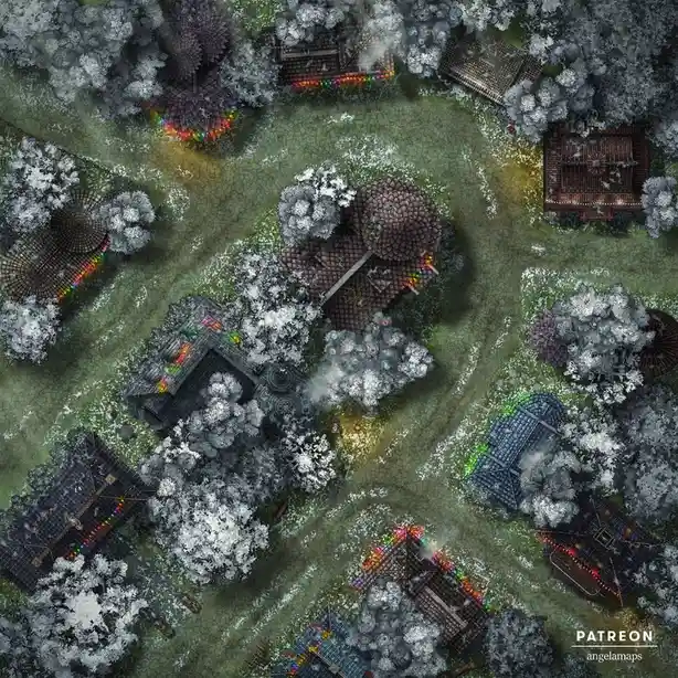 An overhead fantasy village map with snow-covered trees and buildings, many adorned with colorful rainbow string lights. The…