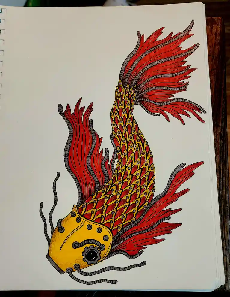 A hand-drawn illustration on a white spiral-bound notebook page shows a stylized fish with a yellow helmet-like head, a gear…