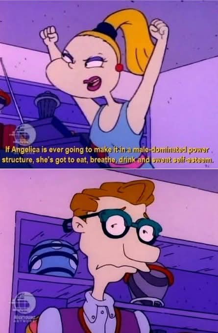 The image is a two-panel meme from the animated show 'Rugrats'. The top panel shows Angelica, a young girl with blonde hair…