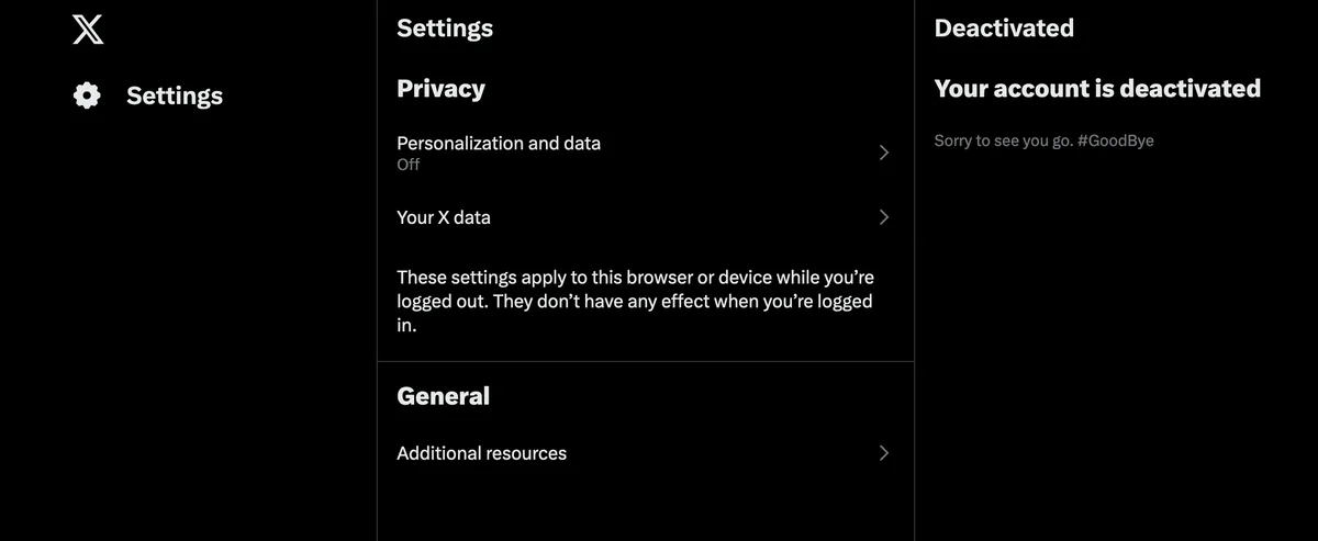A screenshot of the X (formerly Twitter) app settings page showing a 'Deactivated' screen on the right side, which reads…
