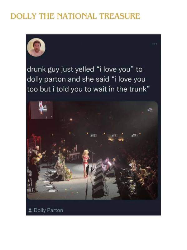 A screenshot of a social media post shows a concert photo of Dolly Parton on stage with her band, overlaid with text…