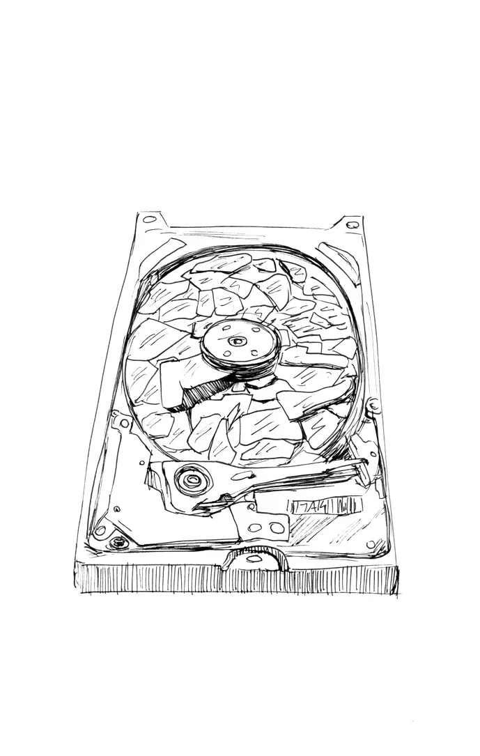 A black-and-white sketch of an open hard drive with its internal platters shattered into pieces, resembling broken glass…
