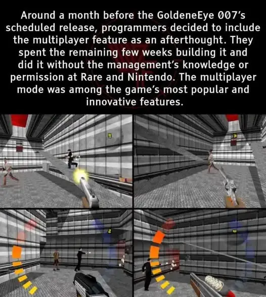 The image shows four in-game screenshots from the video game GoldeneEye 007, depicting a multiplayer match in a…