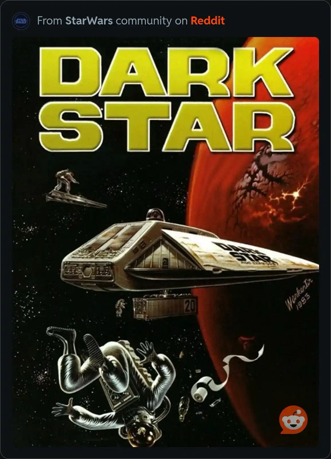 The image is a movie poster for the 1983 film 'Dark Star,' featuring a spaceship with 'DARK STAR' written on its side…