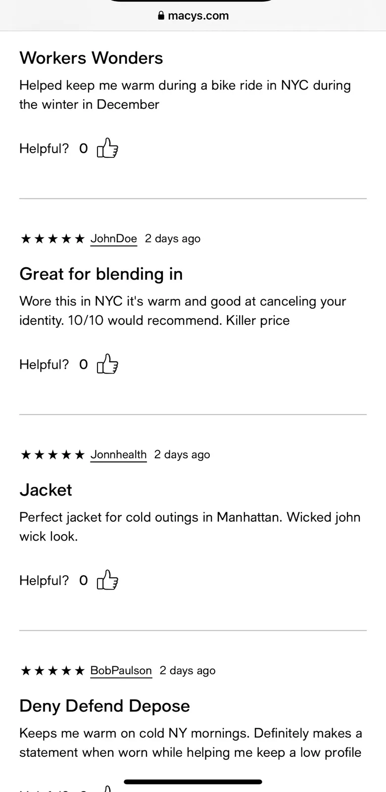 A screenshot of Macy's product reviews for a winter jacket, showing four customer reviews with humorous, ironic, or absurdly…