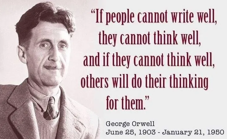 A sepia-toned portrait of George Orwell, a man with dark hair and a mustache wearing a suit and tie, is shown with a quote…