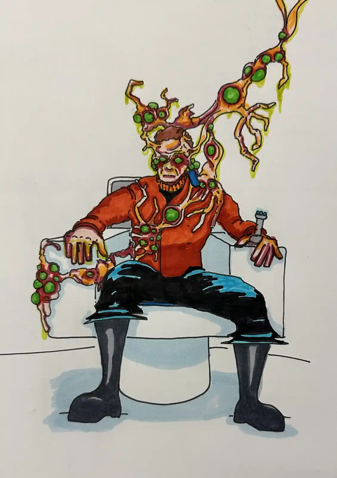 A hand-drawn illustration shows a man in an orange jacket and black pants sitting on a white toilet. His body is covered in…