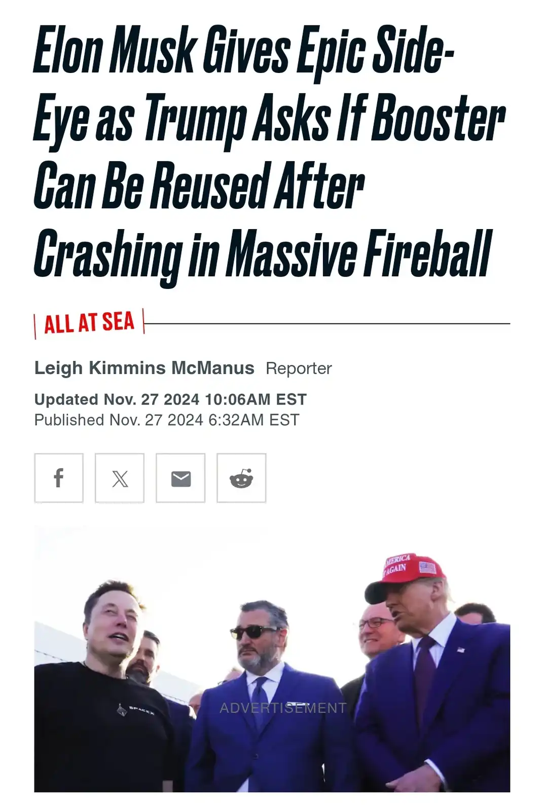 The image mimics a fake news article with a headline about Elon Musk giving a side-eye to Donald Trump, who is asking if a…