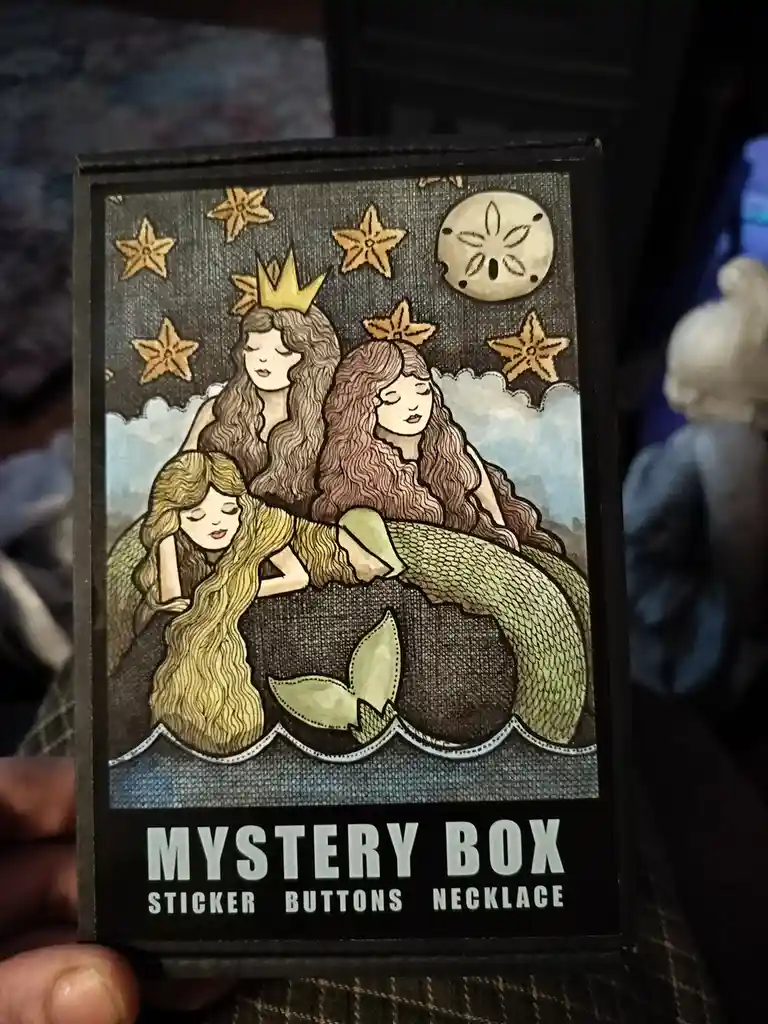A hand holds a black box labeled 'MYSTERY BOX STICKER BUTTONS NECKLACE' featuring an illustrated design of three mermaids…