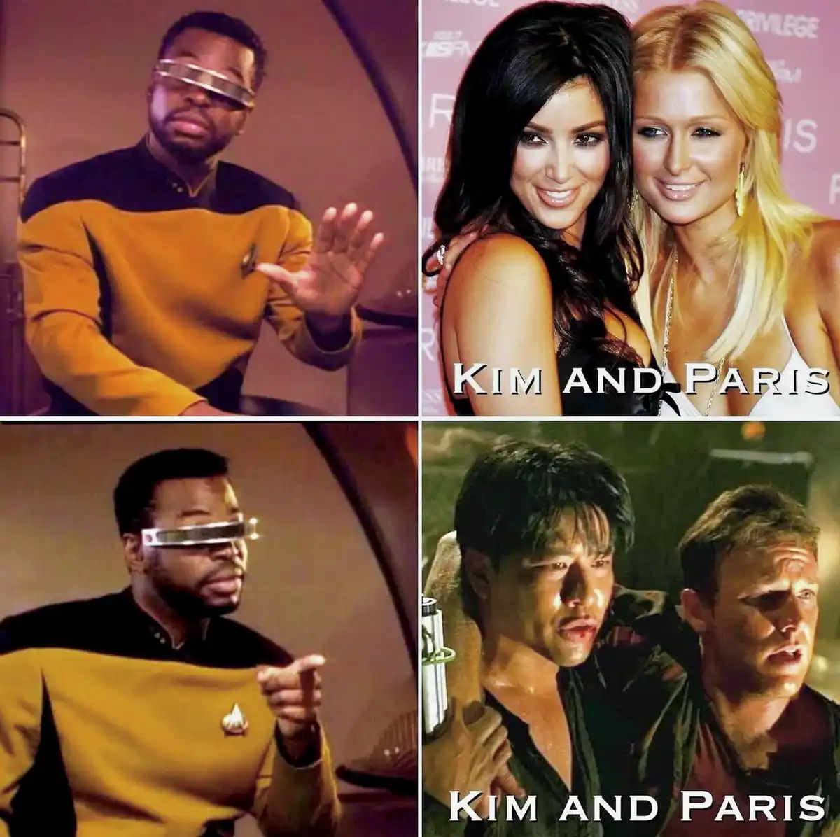 A four-panel meme grid: top-left shows a man in a Star Trek uniform with a blindfold, top-right shows Kim Kardashian and…