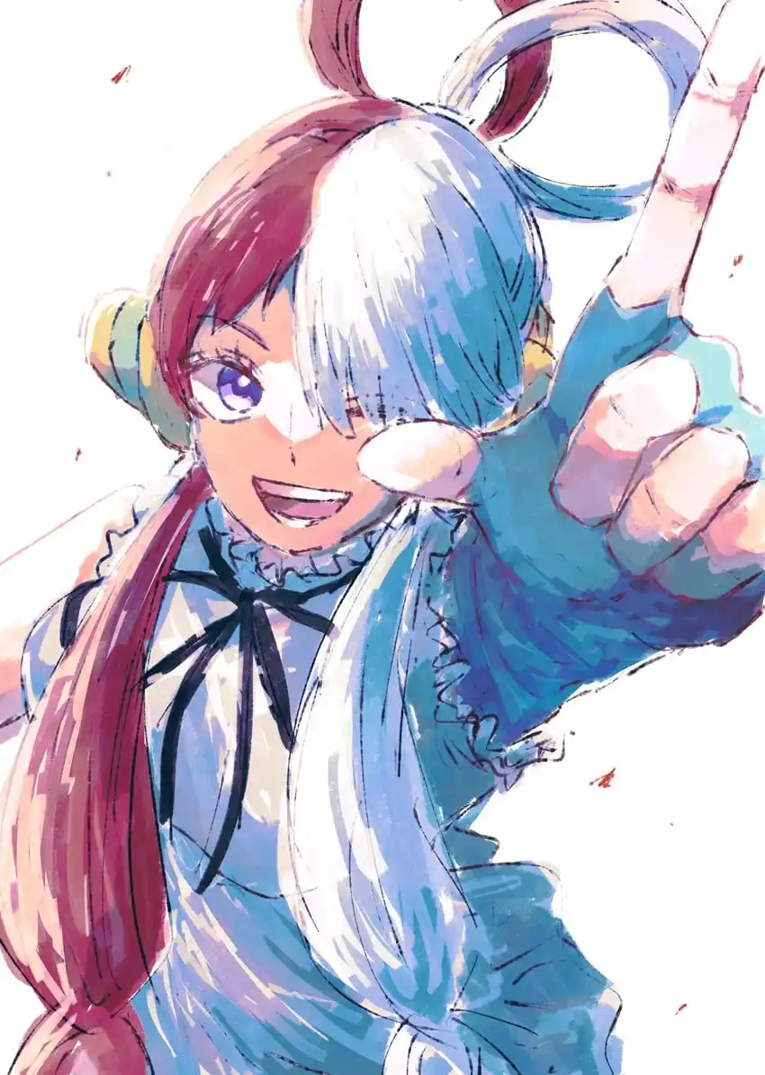 An anime-style illustration of a young girl with half-red and half-blue hair, wearing a blue dress with a black bow, smiling…