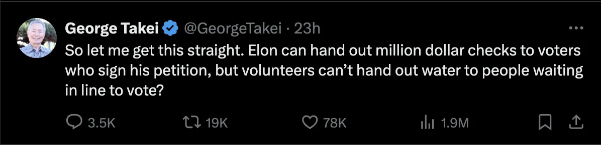 A screenshot of a tweet by George Takei, showing his profile picture and the text of his tweet questioning the disparity…