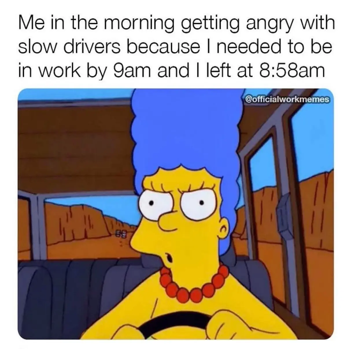 The image shows Marge Simpson driving a car with a frustrated, angry expression, her eyes wide and eyebrows furrowed. She…