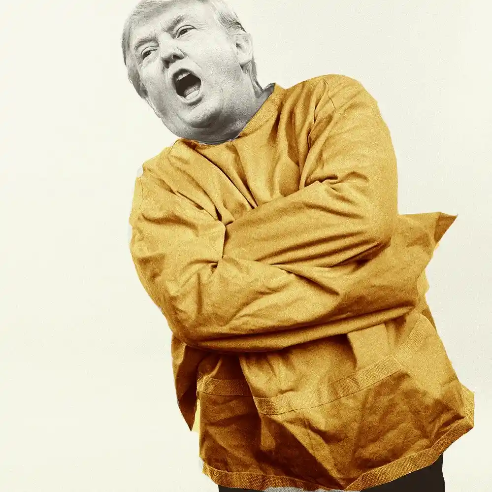 A person with the face of Donald Trump is depicted wearing an orange jumpsuit with their arms tightly bound behind their…