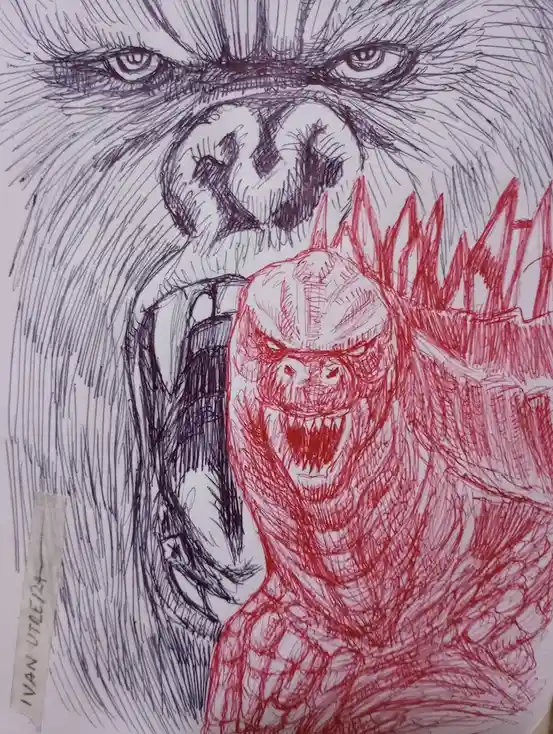 A hand-drawn sketch shows a large, angry gorilla in black ink roaring with its mouth wide open, while a red ink drawing of…