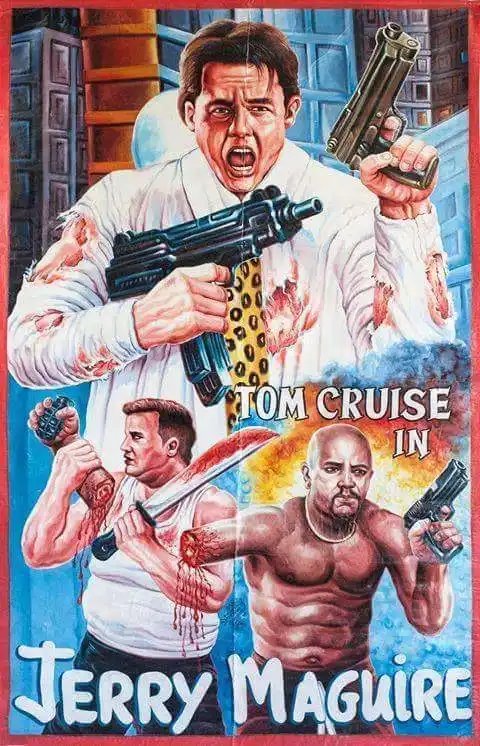 A movie poster parody featuring Tom Cruise in a torn white shirt holding two guns, with two other muscular men below him…
