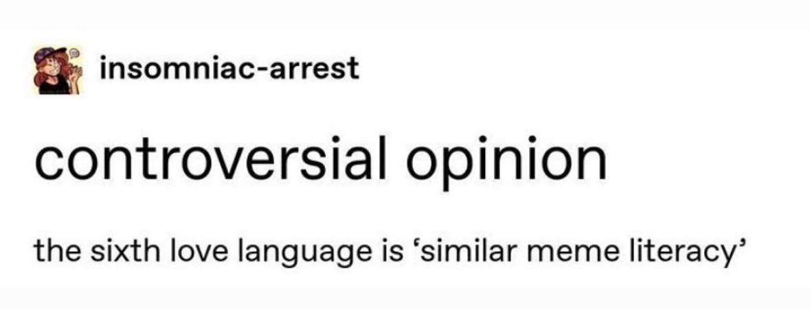 A screenshot of a social media post by 'insomniac-arrest' featuring the text 'controversial opinion' followed by 'the sixth…