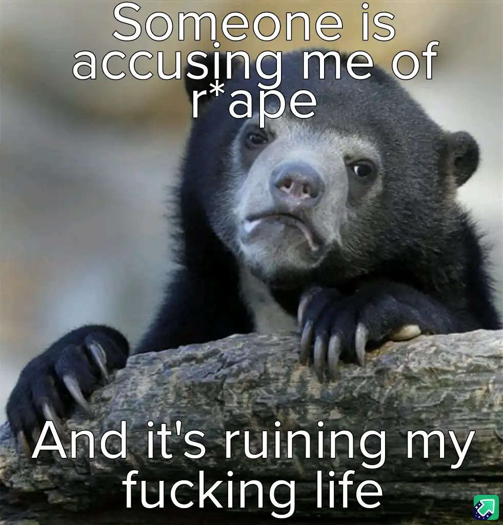 A close-up photo of a sad-looking spectacled bear resting its paws on a log, with white text overlaid in two lines: 'Someone…