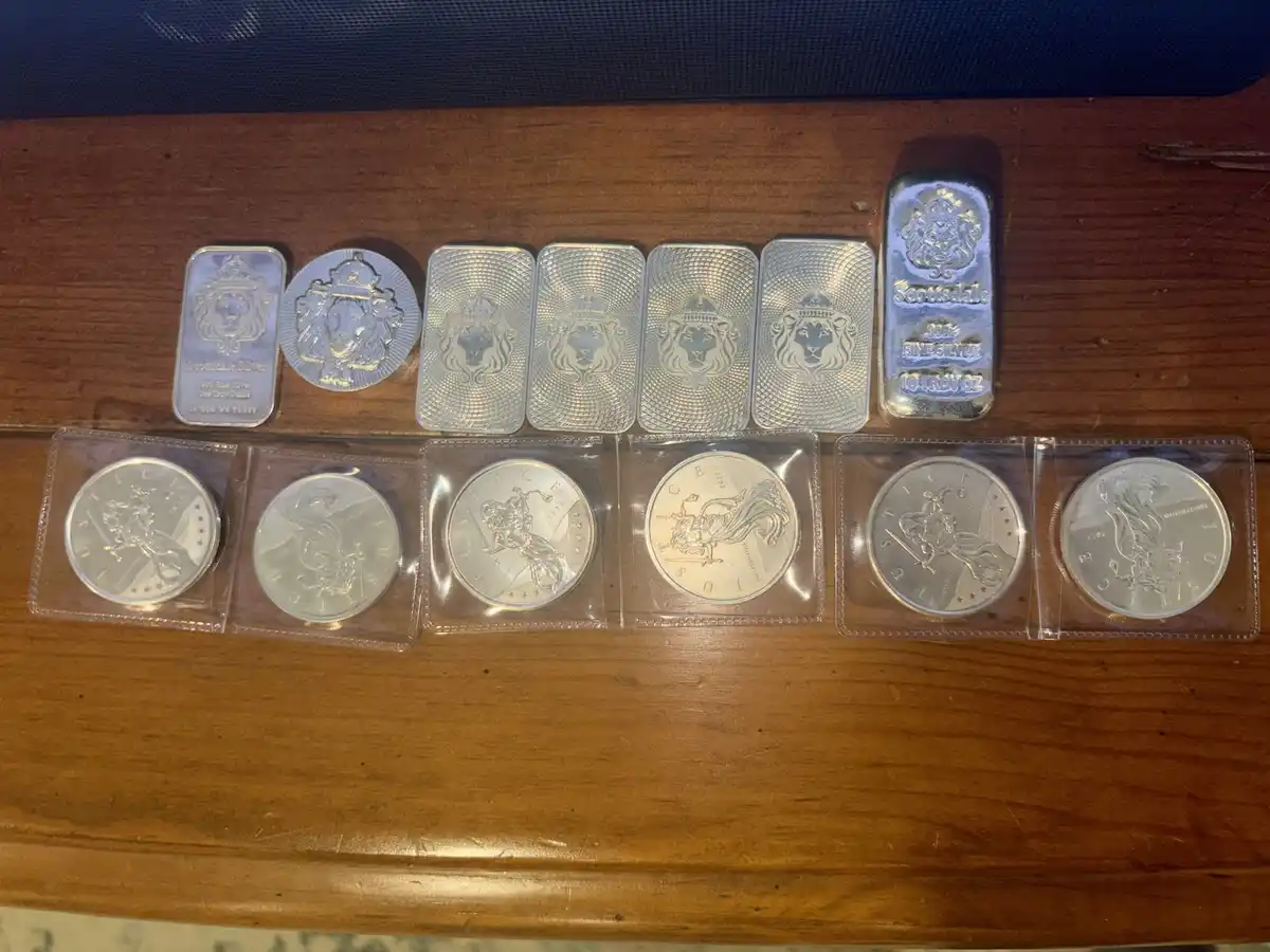 A wooden surface displays ten silver items: one large bar, one round coin, and eight smaller bars/coins, all featuring a…